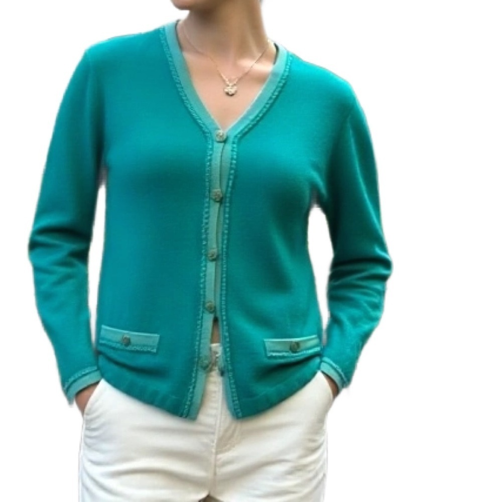 St. John by Marie Gray Vintage Teal Wool V-Neck Cardigan Sweater Size 6